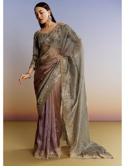 KALKI FASHION - Grey Lavender Shaded Tissue Heavy Embroidery Saree with Unstitched Blouse