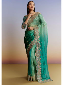 KALKI FASHION - Green Shaded Tissue Floral Embroidery and Sequins Saree with Unstitched Blouse