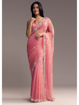 KALKI FASHION - Pink Tissue Sequins and Floral Border Saree with Unstitched Blouse