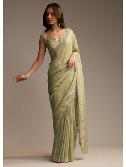 KALKI FASHION - Green Tissue Cut Dana and Sequin Embroidery Saree with Unstitched Blouse