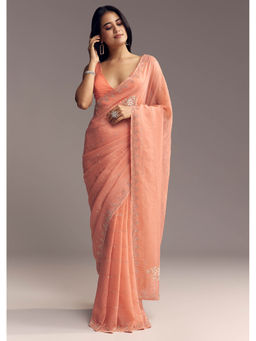 KALKI FASHION - Peach Tissue Stone and Sequin Floral Embroidery Saree with Unstitched Blouse