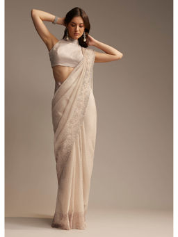 KALKI FASHION - Beige Chiffon Resham Floral Cutwork Saree with Unstitched Blouse