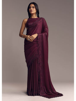 KALKI FASHION - Wine Scallop Embellished Chinon Stones Saree with Unstitched Blouse