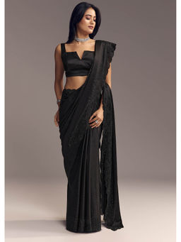 KALKI FASHION - Black Chinon Thread and Stone Embellishments Saree with Unstitched Blouse
