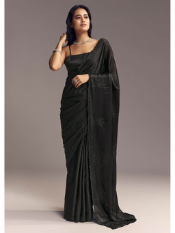 KALKI FASHION - Black Embellished Chinon Floral Resham Work Saree with Unstitched Blouse