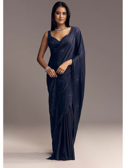 KALKI FASHION - Blue Embellished Chinon Floral Thread Work Saree with Unstitched Blouse