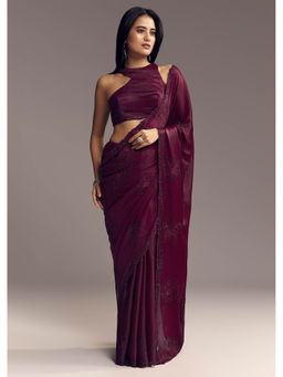 KALKI FASHION - Wine Chinon Resham Floral Embroidery Saree with Unstitched Blouse