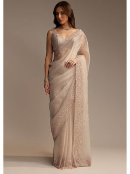 KALKI FASHION - Beige Chiffon Embellished Resham Cutwork Saree with Unstitched Blouse