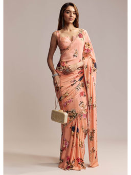 KALKI FASHION - Peach Crepe Digital Print and Sequins Embroidery Saree with Unstitched Blouse