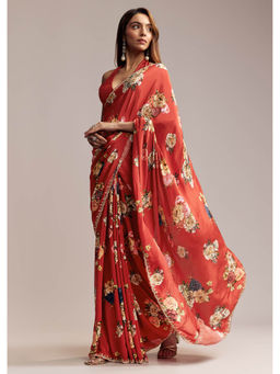 KALKI FASHION - Red Crepe Floral Print Cut Dana Embroidery Saree with Unstitched Blouse