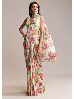 KALKI FASHION - Mint Green Crepe Embroidered Scallop Border Saree with Unstitched Blouse