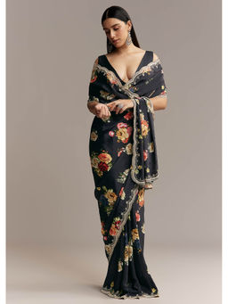 KALKI FASHION - Black Crepe Floral Digital Print and Sequin Border Saree with Unstitched Blouse