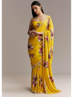 KALKI FASHION - Mustard Floral Crepe Embroidered Scallop Border Saree with Unstitched Blouse