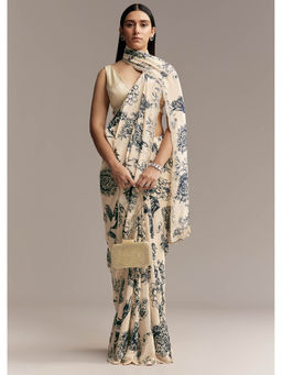 KALKI FASHION - Off White Crepe Black Floral Print and Embroidered Border Saree with Unstitched Blouse