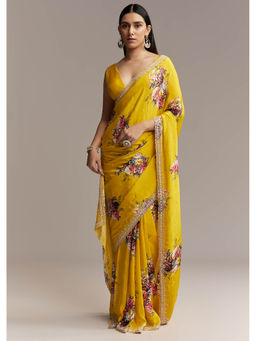 KALKI FASHION - Yellow Crepe Floral Print and Embellished Border Saree with Unstitched Blouse