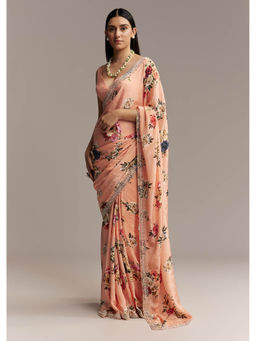 KALKI FASHION - Peach Crepe Floral Print and Embroidered Border Saree with Unstitched Blouse