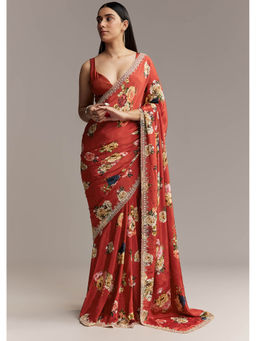 KALKI FASHION - Maroon Crepe Floral Print and Embellished Border Saree with Unstitched Blouse