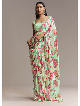 KALKI FASHION - Mint Green Floral Crepe Scallop Border Saree with Unstitched Blouse
