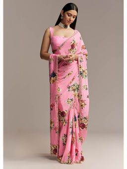 KALKI FASHION - Pink Crepe Floral Digital Print and Sequin Border Saree with Unstitched Blouse