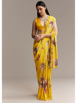 KALKI FASHION - Yellow Crepe Floral Digital Print and Sequin Embroidery Saree with Unstitched Blouse