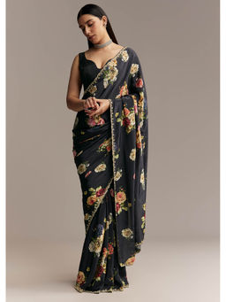 KALKI FASHION - Black Crepe Floral Digital Print and Embroidered Border Saree with Unstitched Blouse