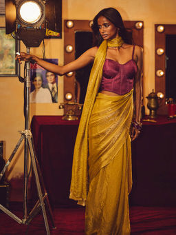 trueBrowns - Gold Tissue Saree with Unstitched Blouse
