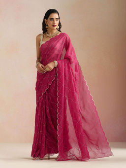 trueBrowns - Pink Zari Jaal Embroidered Saree with Unstitched Blouse