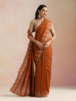 trueBrowns - Rust All Over Zari Embroidered Saree with Unstitched Blouse