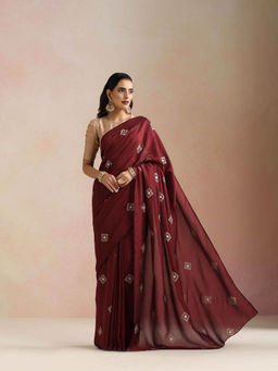 trueBrowns - Maroon Diamond Embroidered Saree with Unstitched Blouse