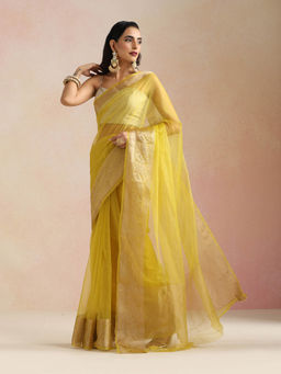 trueBrowns - Lime Organza Saree with Unstitched Blouse