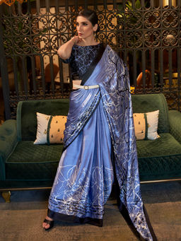 Sareemall - Women's Crepe Blue Printed Celebrity Saree with Unstitched Blouse