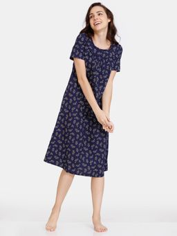 Zivame - Floating Florals Woven Mid Length Nightdress - Medieval Blue