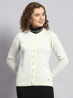 Monte Carlo - Cream Solid Round Neck Cardigan