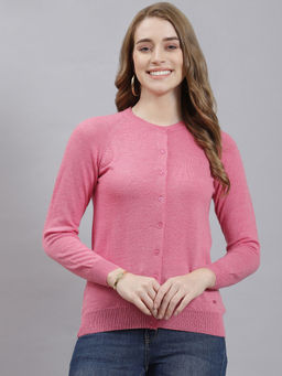 Monte Carlo - Pink Solid Round Neck Cardigan