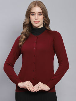 Monte Carlo - Dark Maroon Solid Round Neck Cardigan