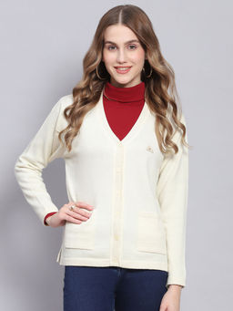 Monte Carlo - Off White Solid V Neck Cardigan