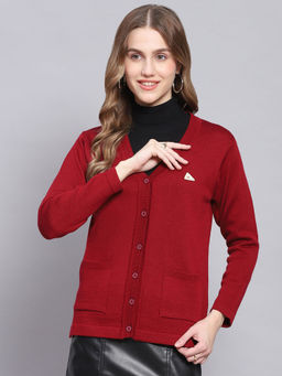 Monte Carlo - Medium Maroon Solid V Neck Cardigan