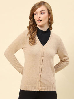 Monte Carlo - Lt Camel Solid V Neck Cardigan