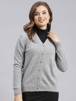 Monte Carlo - Lt Grey Mix Solid V Neck Cardigan
