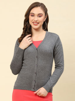 Monte Carlo - Md Grey Mel Solid V Neck Cardigan