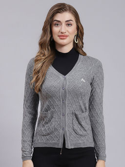 Monte Carlo - M Grey Mixture Self Design V Neck Cardigan