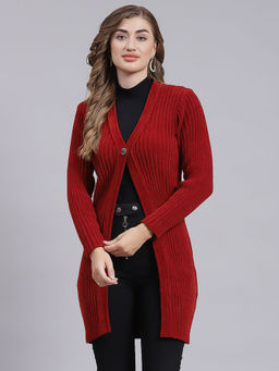 Monte Carlo - Maroon Self Design V Neck Cardigan