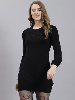 Monte Carlo - Black Solid Round Neck Dress