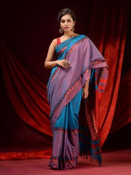 CHARUKRITI - Cerulean Blue & Purple Pure Cotton Handwoven Temple Borders Saree with Unstitched Blouse