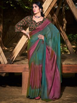 Akhilam - Women Chiffon Teal Blue Embellished Celebrity Saree with Blouse Piece