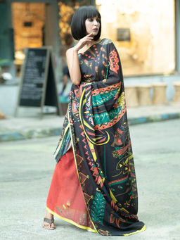 Boveee - First Flower Digital Printed Satin Georgette Saree with Unstitched Blouse