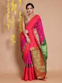 CHARUKRITI - Fuchsia Cotton Geometric Patterns & Ethnic Designs Handwoven Saree with Unstitched Blouse