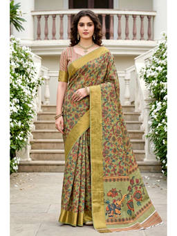 Fashion Petals - Green Cotton Blend Woven Zari Saree with Unstitched Blouse