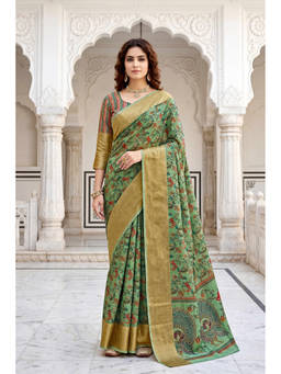 Fashion Petals - Olive Cotton Blend Woven Zari Saree with Unstitched Blouse