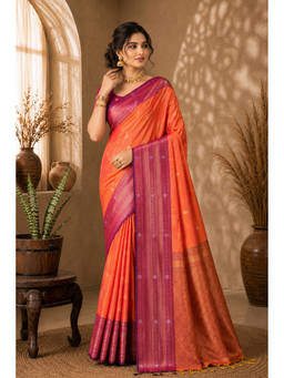 Fashion Petals - Orange Soft Silk Woven Zari Saree with Unstitched Blouse